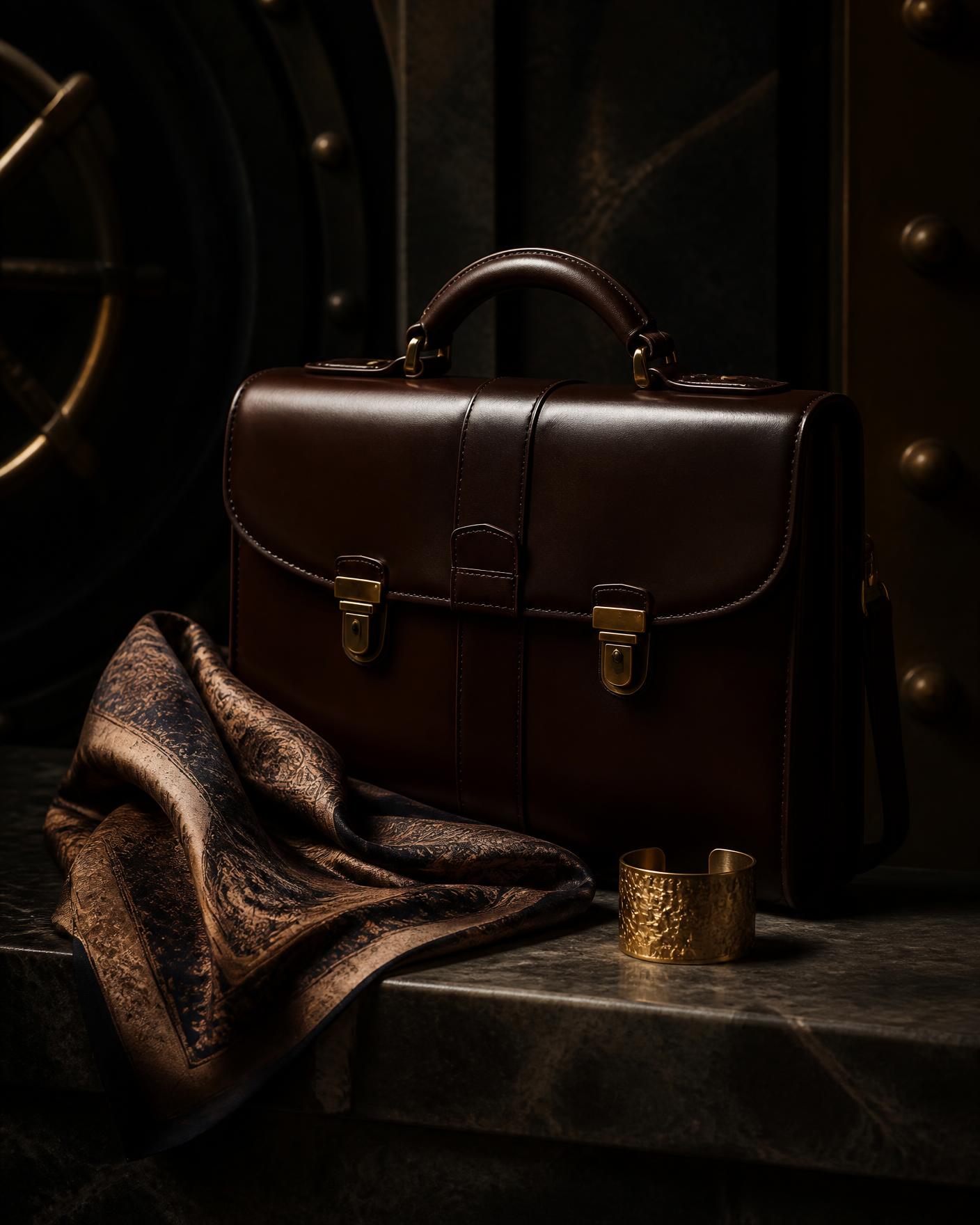 Leather briefcase, silk scarf and gold cuff in low light